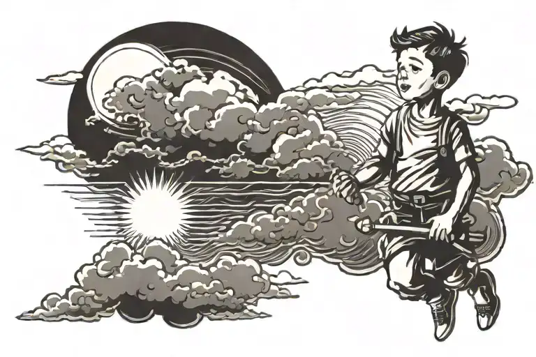 A Boy Moves Dark Clouds To The Side And A Bright Sun Appears