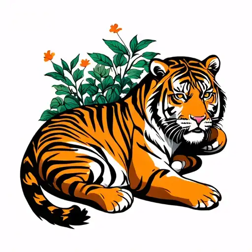 Tiger Laying In A Circle With Tail Wrapped