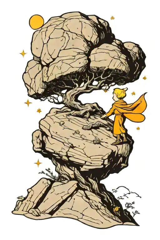 The Little Prince Standing On A Rock Being Pushed Up A Mountain By Sisyphus