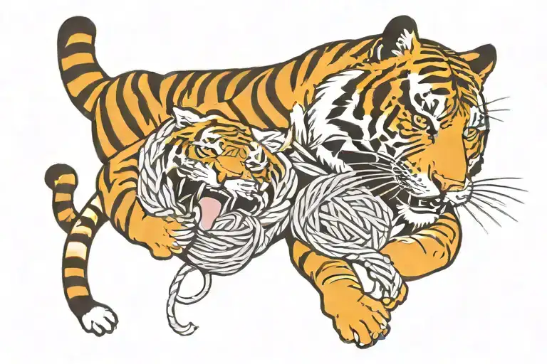 Tiger Laying On Its Back Playing Witha Ball Of Yarn