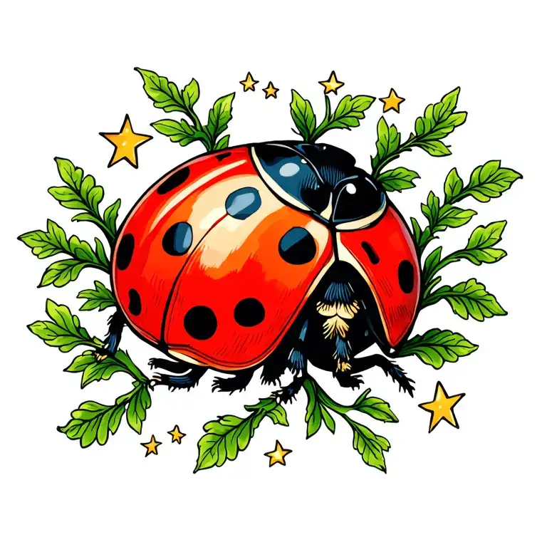 Small Ladybug Walking With Vines And Stars Around It