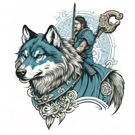 Wolf With Blue Eyes And A Man Samurai Standing Behind It