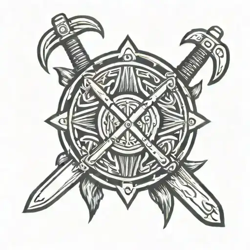 Viking Shield With Axes And Sword Behind It