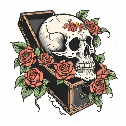 Skull Inside Coffin With Roses