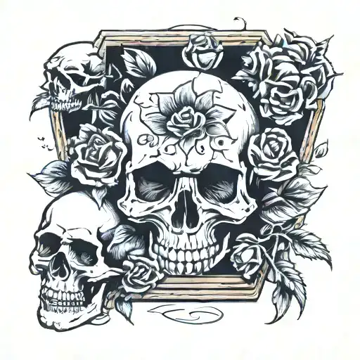 Traditional Skull Inside Coffin With Roses
