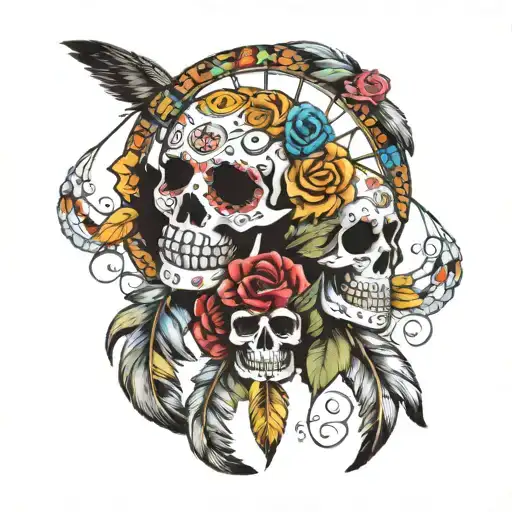 Sugar Skulls Around A Dreamcatcher With Feathers And Rainbow Colored Roses