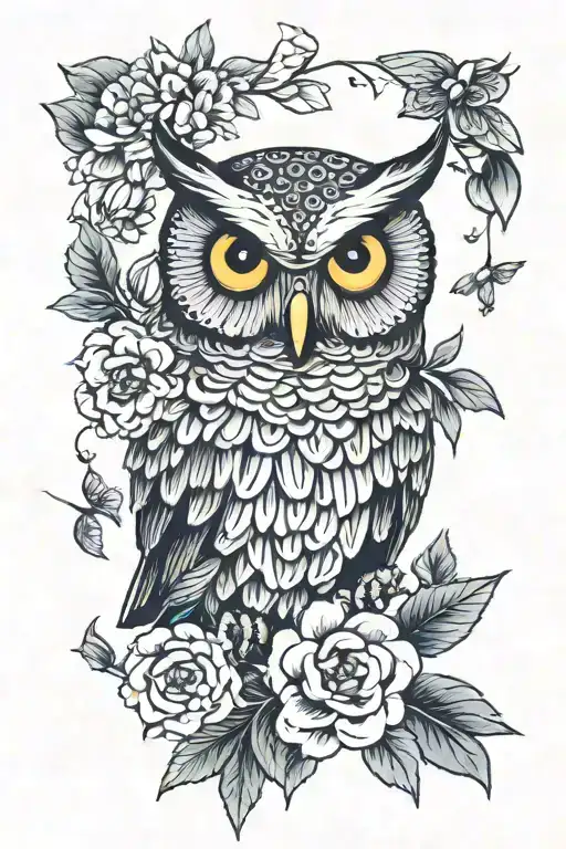 Owl And Flowers Surrounding