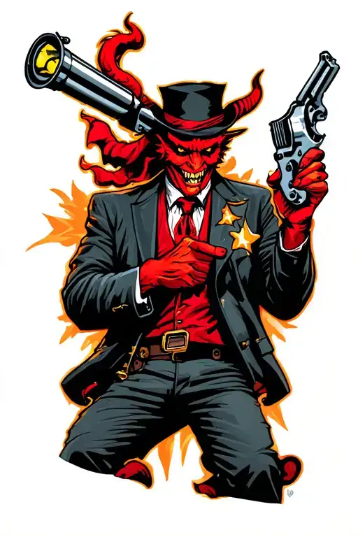 Red Devil Holding Revolver And Flashlight