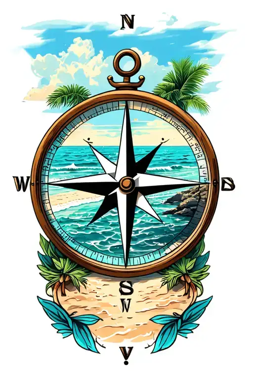 Nautical Compass With Beach Scene Inside Surrounded