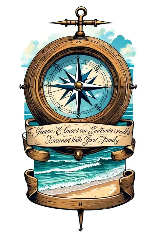 Nautical Compass With Beach Scene Inside Surrounded Names Of Family Around Compass