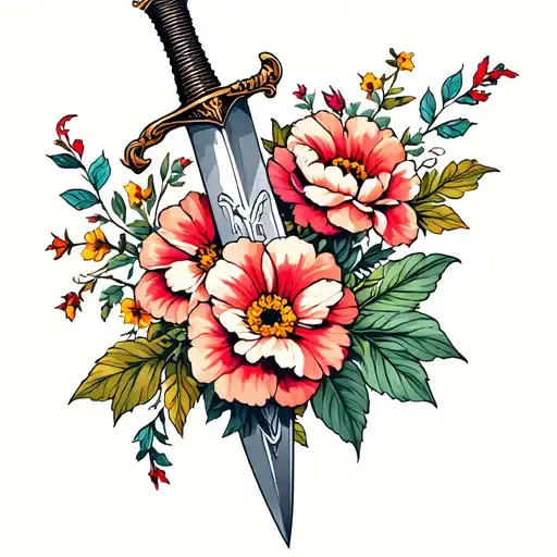 Collage American Traditional Flowers Intertwined Wrapped Around Dagger