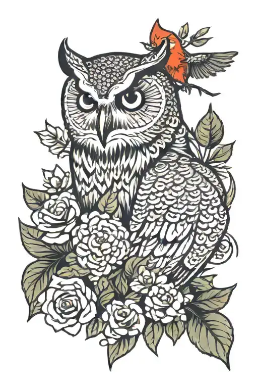Owl And Bear With A Cardinal Among Floral Patterns
