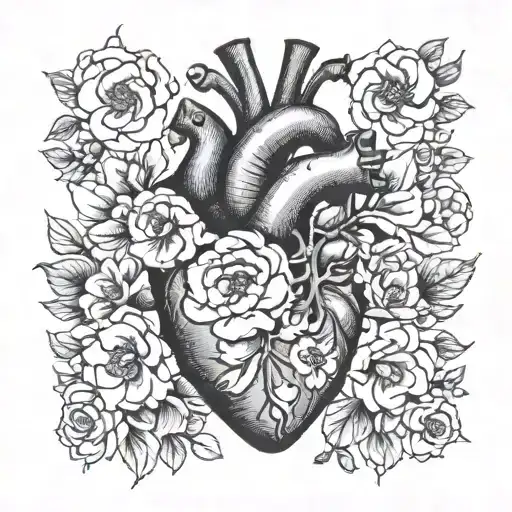 Anatomically Correct Heart With White Flowers Coming Out Of It