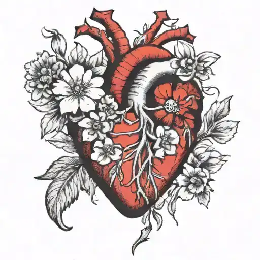 Anatomically Correct Red Heart With White Flowers Coming Out Of It