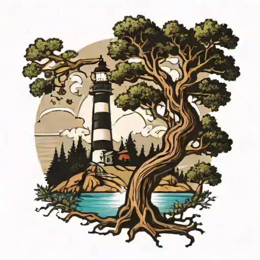 Oak Tree Intertwined With Lighthouse Water Mountains