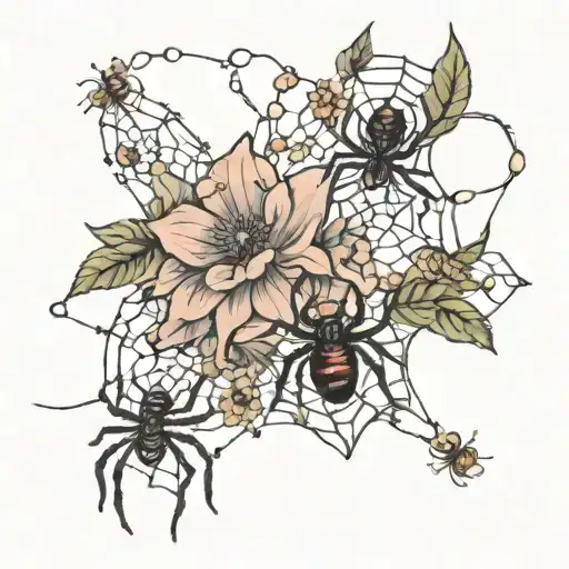 Flowers Connected With Spiderweb With Spiders And Jewels