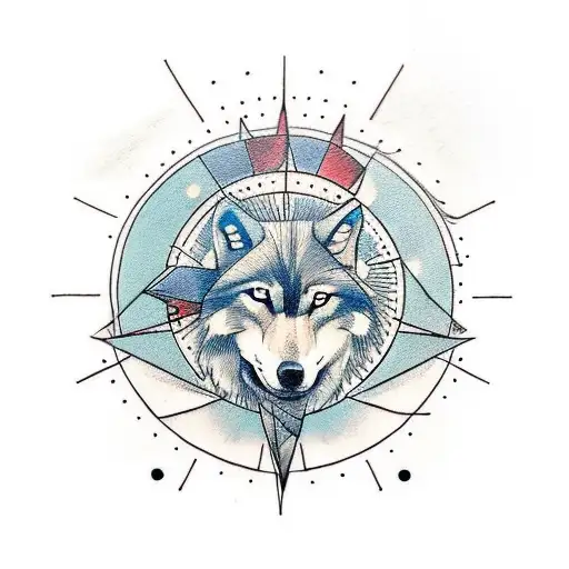 Wolf With Half Compass In The Back And Arrows Downside Of The Wolf