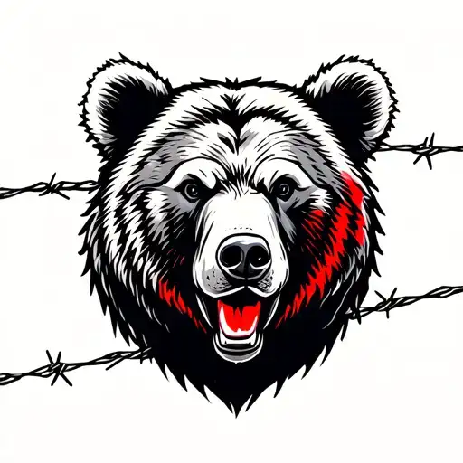 Bear Head With Barbed Wire Black Red And White