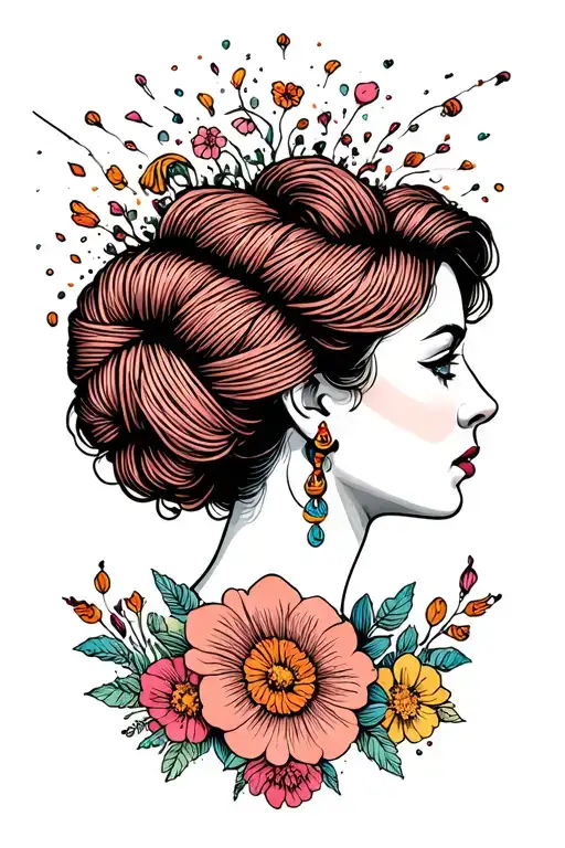 Woman Face Side Profile With Yarn Exploding Out Of Top Of Head Surrounded By Flowers