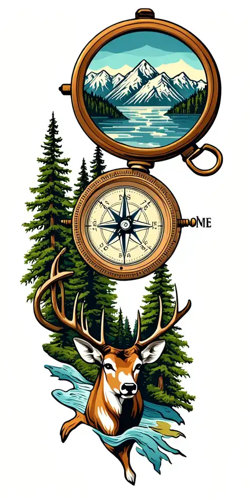 Compass With Mountain Range Forest Scene With Hidden White Tail Buck