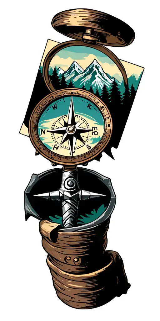 Compass With Mountain Range Forest Scene With Hidden Thors Hammer