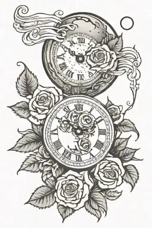 Moon Above Roses Blooming With A Clock Sorrunded By Vines