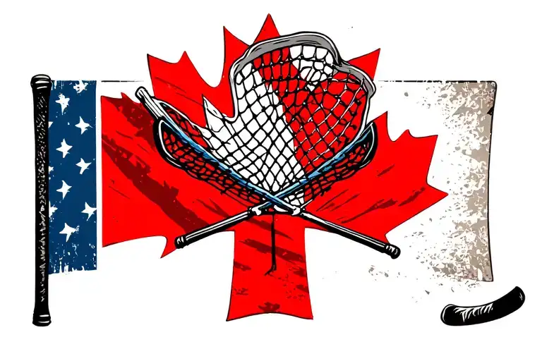 Lacrosse Stick And Hockey Stick Crossed With Canadian Flag Behind It