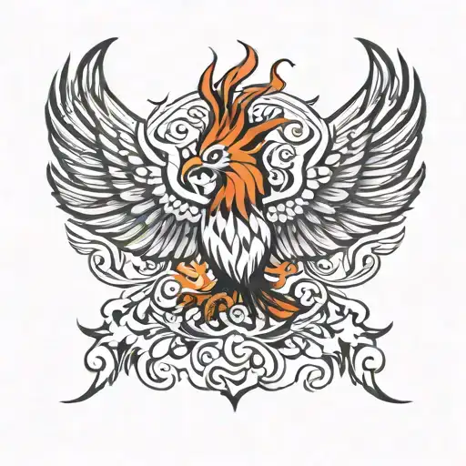 Phoenix From The Front With Wings Spread Wide And Flames In Tribal Style