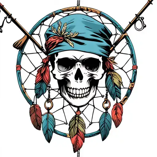 Skull Wearing Bandana With Fishing Poles And Dream Catcher