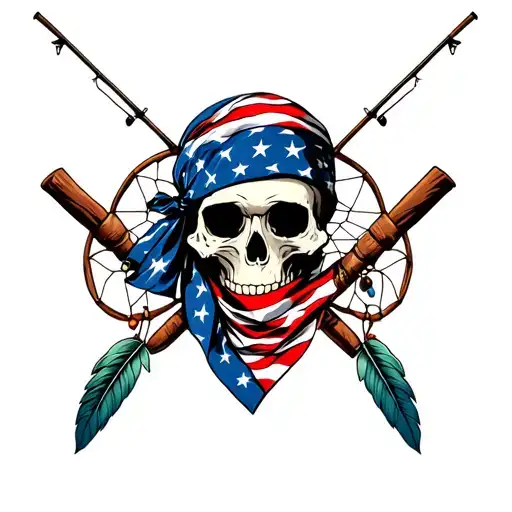 Skull Wearing American Flag Bandana With Fishing Poles And Dream Catcher