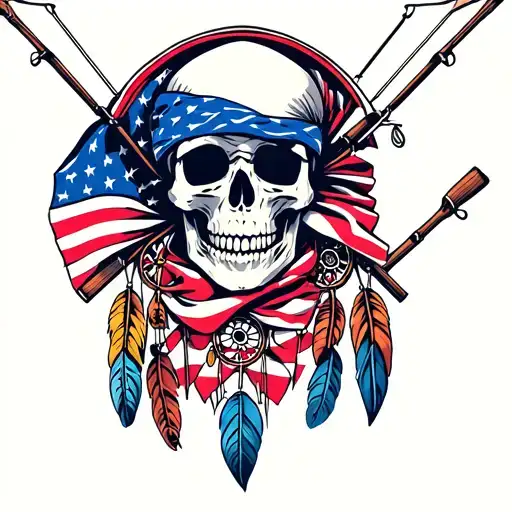 Skull Wearing American Flag Bandana With Fishing Poles And Dream Catcher