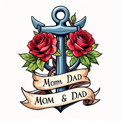 Anchor With Banner Mom And Dad Wrapped And Two Roses