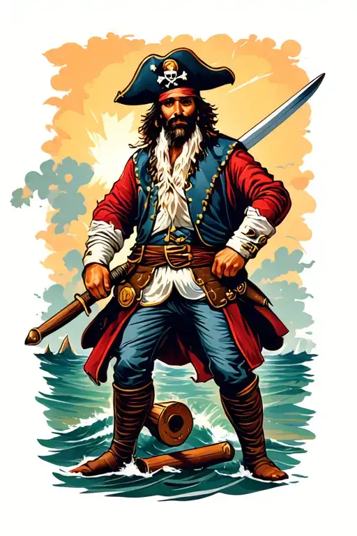 Pirate With Sabre And Cannon Shooting