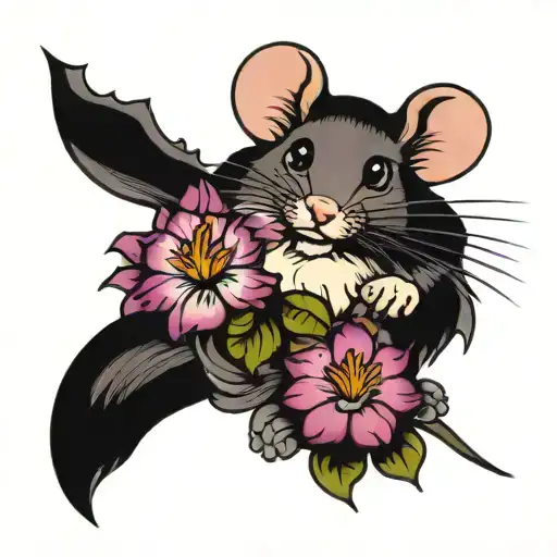 Mouse Holding Purple Japenese Camilla Flower Blooming