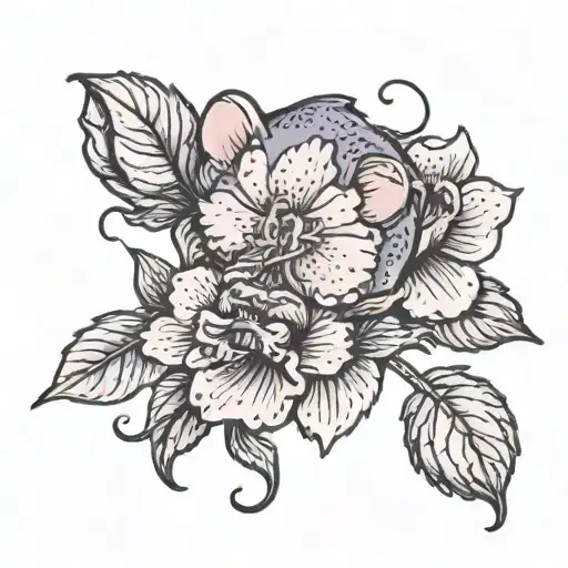 Mouse Holding Purple Japenese Camellia Flower Blooming