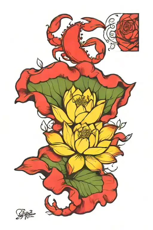 Lotus Flower Blooming And Crab Surrounded By Roses