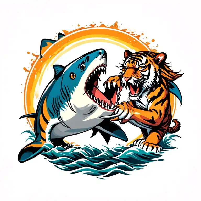 Tiger Fighting A Shark