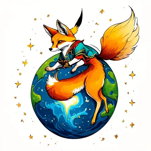 The Little Prince On His Planet With The Fox Both On His Back