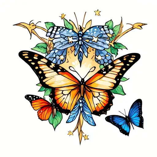 Tattoo With 3 Stars And Butterflies To Remember Lost Ones