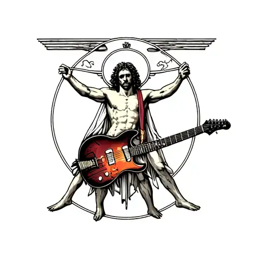 Vitruvian Man Holding A Eletric Guitar In Old School Style