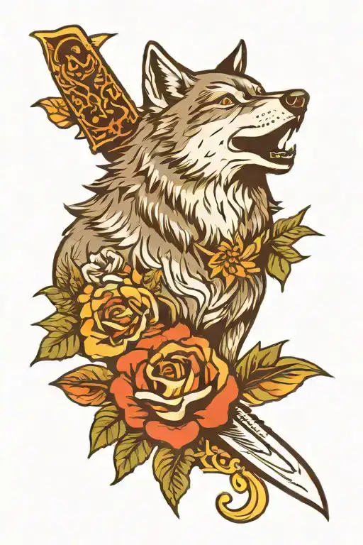 Howling Wolf And Knife American Traditional Floral