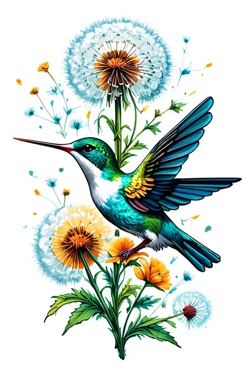 Hummingbird With Needle And Thread Through The Skin With Dandelion Fluff And Flowers