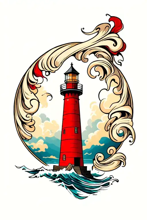 Red Lighthouse With Cream Coloured Swirls