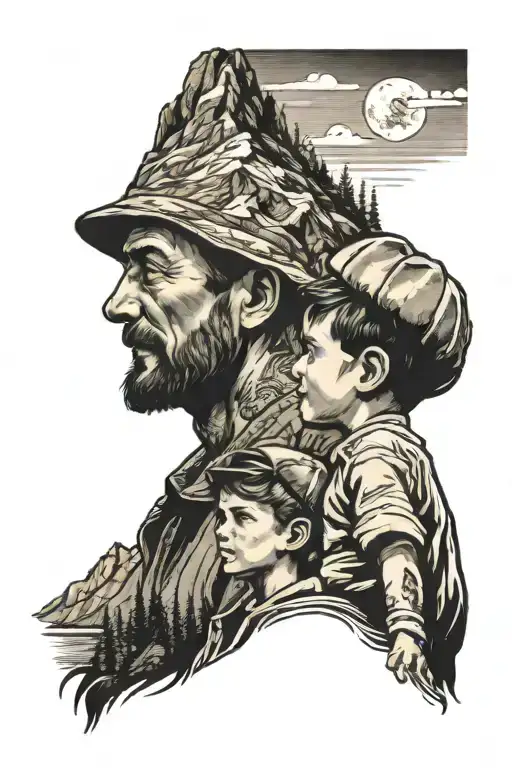 Father And Son Looking At Mountain Peak