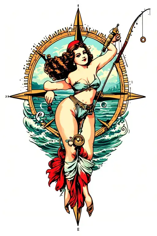 Pinup Compass Rose Fishing Scene