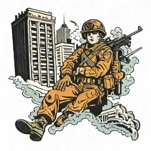 A Soldier Boy Emerging From Between Two Collapsing Skyscrapers That Were Hit By A Boeing 767