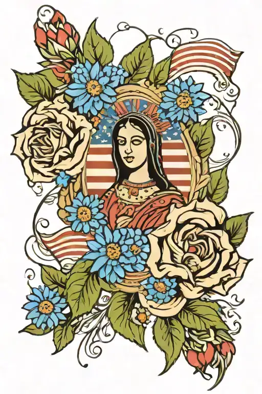 Guadalupe Surrounded By Blue Cornflowers With An American Flag Backdrop