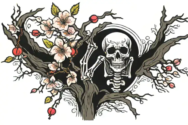 Skeleton And Cherry Blossom Tree