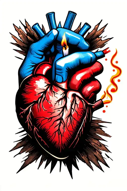 Fist Holding Lit Match Emerging From Anatomical Heart