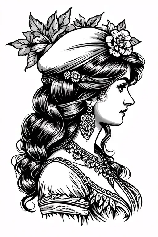 Classic Gypsy Woman Profile Tattoo In The Sailor Jerry American Traditional Style